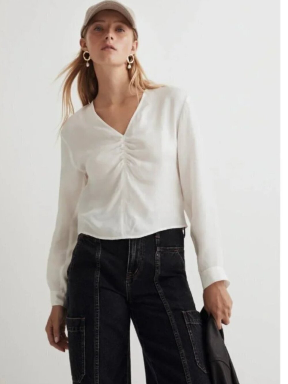 Madewell Women's Brushed Ruched-Front Top in Lighthouse White Med Large Sz 12